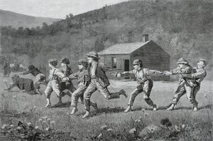 Snap-the-Whip, Harpers Weekly -lehdestä, 20. syyskuuta 1873 (puukaiverrus sanomalehtipaperille). tekijältä Winslow Homer