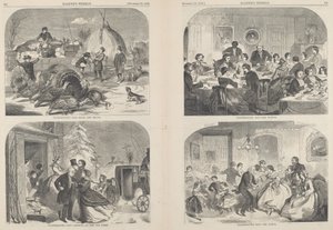 Thanksgiving Day - Ways and Means [ylävasemmalla], julkaistu 1858. tekijältä Winslow Homer