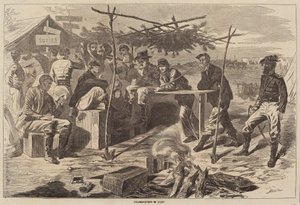 Thanksgiving in Camp, julkaistu 1862. tekijältä Winslow Homer
