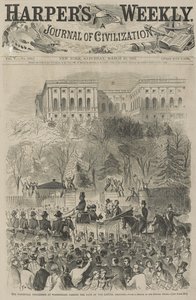 Avajaiskulkue Washingtonissa Capitol Groundin portin ohi (erikoitaiteilijamme luonnoksesta), 1861 (puukaiverrus) tekijältä Winslow Homer