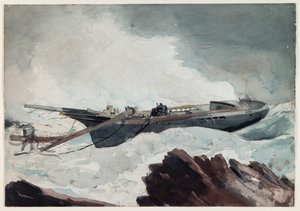 Haaksirikkoutunut kuunari, n.1900-10 (vesiväri ja hiili paperille) tekijältä Winslow Homer