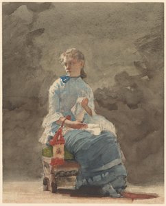 Naisen ompelu, 1878-9 (akvarelli grafiitin päällä luonnonvalkoisella kudotulla akvarellipaperilla) tekijältä Winslow Homer