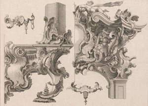 Ehdotus alttarikehyksen oikean ala- ja yläoikean koristeluun..., painettu n. 1750-56. tekijältä Wolffgang Christoph Mayr