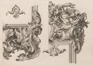 Ehdotus alttarikehyksen oikean ala- ja yläoikean koristeluun..., painettu n. 1750-56. tekijältä Wolffgang Christoph Mayr