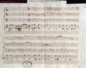Mozartin Querite primum regnum Dein nuottisivu Accademico filarmonicon (1770) tittelin saamiseksi tekijältä Wolfgang Amadeus Mozart