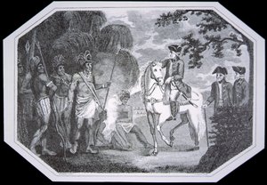 Kenraali Burgoyne ja intiaanit vuonna 1777, kaiverrettu J. Taylor, David Humen ja Tobias Smollettin Englannin historiasta, julkaistu Lontoossa tekijältä Woodruff (after)