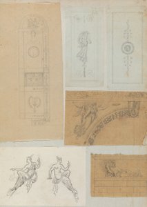 Sivu leikekirjasta, joka sisältää piirustuksia ja useita arkkitehtuurivedoksia, Int..., ca. 1800-1850. Tekijät: Charles Percierin työpaja, Pierre François Léonard Fontainen työpaja.