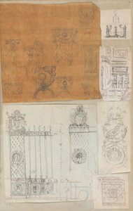 Sivu leikekirjasta, joka sisältää piirustuksia ja useita arkkitehtuurivedoksia, Int..., ca. 1800-1850. Tekijät: Charles Percierin työpaja, Pierre François Léonard Fontainen työpaja.