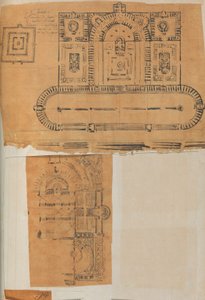 Sivu leikekirjasta, joka sisältää piirustuksia ja useita arkkitehtuurivedoksia, Int..., ca. 1800-1850. Tekijät: Charles Percierin työpaja, Pierre François Léonard Fontainen työpaja.