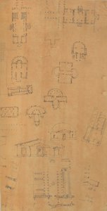 Sivu leikekirjasta, joka sisältää piirustuksia ja useita arkkitehtuurivedoksia, Int..., ca. 1800-1850. Tekijät: Charles Percierin työpaja, Pierre François Léonard Fontainen työpaja.