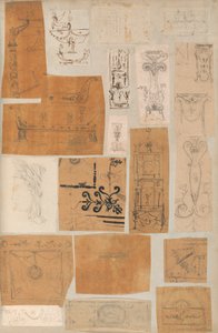 Sivu leikekirjasta, joka sisältää piirustuksia ja useita arkkitehtuurivedoksia, Int..., ca. 1800-1850. Tekijät: Charles Percierin työpaja, Pierre François Léonard Fontainen työpaja.