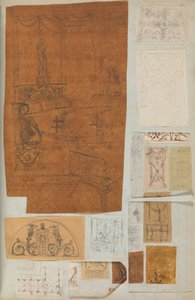 Sivu leikekirjasta, joka sisältää piirustuksia ja useita arkkitehtuurivedoksia, Int..., ca. 1800-1850. Tekijät: Charles Percierin työpaja, Pierre François Léonard Fontainen työpaja.