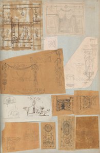 Sivu leikekirjasta, joka sisältää piirustuksia ja useita arkkitehtuurivedoksia, Int..., ca. 1800-1850. Tekijät: Charles Percierin työpaja, Pierre François Léonard Fontainen työpaja.