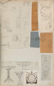 Sivu leikekirjasta, joka sisältää piirustuksia ja useita arkkitehtuurivedoksia, Int..., ca. 1800-1850. Tekijät: Charles Percierin työpaja, Pierre François Léonard Fontainen työpaja.