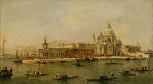 Venetsia: Dogana ja Santa Maria della Salute. tekijältä Workshop of Francesco Guardi