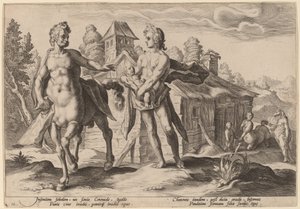 Apollo uskoo Chironin Asklepiuksen koulutuksen tekijältä Workshop of Hendrick Goltzius, after Hendrick Goltzius