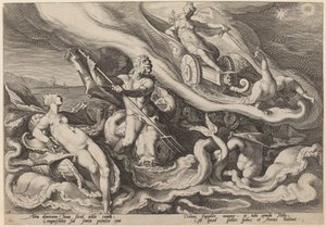 Juno valittaa Oceanukselle ja Tethysille Callistosta tekijältä Workshop of Hendrick Goltzius, after Hendrick Goltzius