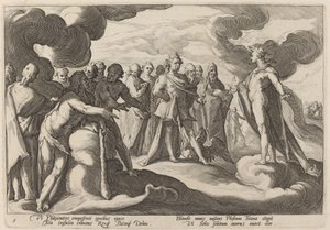 Jupiter ja jumalat pyytävät Heliosta jatkamaan vaunujen hallintaa tekijältä Workshop of Hendrick Goltzius, after Hendrick Goltzius