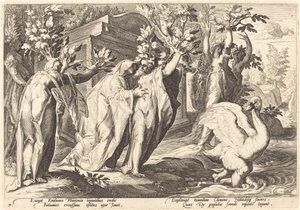 Phaetonin sisaret muuttuivat poppeleiksi, Cygnus joutseneksi tekijältä Workshop of Hendrick Goltzius, after Hendrick Goltzius