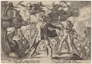 Jättiläiset kiipeämässä taivaaseen tekijältä Workshop of Hendrick Goltzius, after Hendrick Goltzius