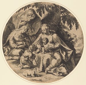 Pyhä perhe Pyhän Elisabetin ja Pyhän Johannes Kastajan kanssa tekijältä Workshop of Jacob Matham, after Hendrik Goltzius