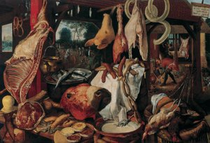 Asetelma lihan ja pyhän perheen kanssa tekijältä Workshop of Pieter Aertsen