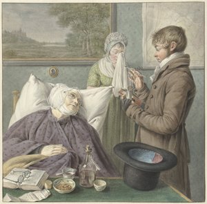 Lääkäri vierailee sairaan vanhan naisen luona sängyssä tekijältä Wybrand Hendriks (attributed to)