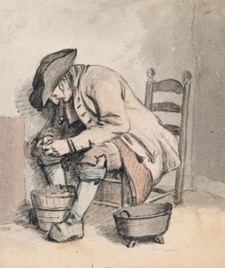 Istuva mies, joka kumartuu ämpäriin; kolme naista (varjoina) kääntöpuolella