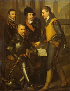 Ryhmämuotokuva Orangen prinssin William I:n neljästä veljestä: Jan (1535-1606), Hendrik (1550-74), Adolf (1540-68) ja Lodewijk (1538-74), Nassaun kreivit tekijältä Wybrand de Geest (I) (workshop of)