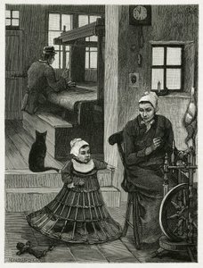 Asunnon ja kutojan työpajan sisustus, kutoja ja pyörä sekä lapsi, jolla on yllään pajuhame, joka auttaa häntä ottamaan ensimmäiset askeleet. X.Melleryn kaiverrus havainnollistamaan Camille Lemonnierin (1844-19) tarinaa "" La Belgique"