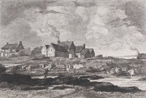 Maalaismaisema, jossa oikealla virtaava joki ja taustalla taloja, 1845-75. tekijältä Xavier de Dananche