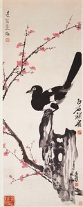 Luumunkukkia ja harakka (muste ja väri paperille) tekijältä Xiao Sun (1883 1944) Zhou Shaoxiang (1880 1954) Qi Baishi