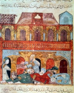 Vaeltava navigaattori Abu Zayd (Abu Zayd, Abu Zayd) ja nukkuvat kauppiaat Abu Mohammed al-Kasim ibn Ali Hariri (1054-1122) Yahya Mahmud al-Wasitin (al-Wasiti) valaisina vuonna tekijältä Yahya ibn Mahmud Al Wasiti