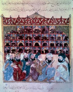 Vaeltava navigaattori Abu Zayd (Abu Zayd, Abu Zayd) pitämässä puhetta Basran pienoiskirjastossa Maqamatista (Seanssit) Abu Mohammed al-Kasim ibn Ali Hariri (tai Al-Hariri tai Al Hariri) (1054-1122) valaistu kirjoittanut Yahya Mahmud al-Wasiti (al Wasit tekijältä Yahya ibn Mahmud Al Wasiti