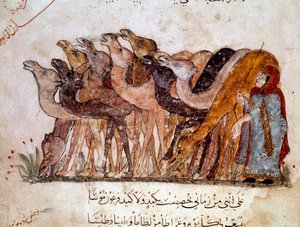 Ryhmä kameleja ja kameleja, karavaani erämaassa. Arabirunoilijan Abu Mohammed al-Kasim ibn Ali Haririn (tai Al-Hariri tai Al Hariri) (1054-1122) (1054-1122) arabirunoilijan Abu Mohammed al-Kasim ibn Ali Haririn (1054-1122) pikareskinen runo 1000-luvulta (S tekijältä Yahya ibn Mahmud Al Wasiti