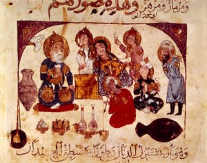 Abou-Zayd Hanah-tavernassa, pienoiskuva teoksesta "Maqamat" (Sanonnat), ms. 3929, fol. 34v tekijältä Yahya ibn Mahmud Al Wasiti