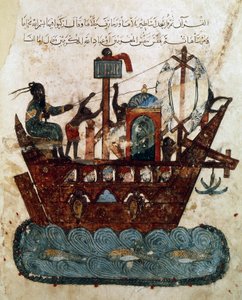 Ms Ar 5847 f.119v, Abu Zayd ja Al-Harith purjehtimassa Basrasta Omaniin, pienoismalli al-Haririn Maqamatista (Kokoukset), n. 1240 (guassi paperilla)