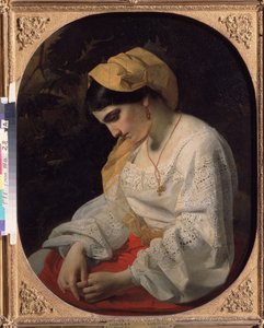 Nuori morsian (A Bride). Profiilimuotokuva surullisesta nuoresta naisesta erottuva ilme. Maalaus: Jakov Fjodorovitš Kapkov (1816-1854), öljy kankaalle tekijältä Yakov Fyodorovich Kapkov