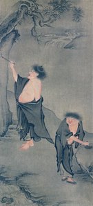Kaksi kiinalaista erakkoa, Han Shan kirjoittamassa kalliolle ja Shih Te valmistelemassa mustettaan Yan Huin kakemonon jälkeen ja julkaistu The Kokka -lehdessä, Japanissa, 6. kesäkuuta 1906 tekijältä Yan Hui