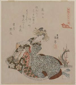 Kurtisaani lukemassa ruukkuluumupuun vieressä..., 1820-luvun alku. tekijältä Yashima Gakutei