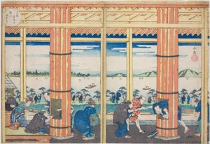 Sadesuoja Nii Hillillä Aji-joen varrella Osakassa (Osaka Ajigawa Niiyama amayadori), sarjasta "Osakan kuuluisia paikkoja: kauniita näkymiä Tenpo-vuorelle (Naniwa meisho Tenpozan shokei ichiran)" tekijältä Yashima Gakutei
