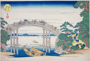 Kivisilta Aji-joen yli lähellä Nii Hilliä Osakassa (Osaka Ajigawa Niiyama ishibashi), sarjasta "Osakan kuuluisia paikkoja: kauniit näkymät Tenpo-vuorelle (Naniwa meisho Tenpozan shokei ichiran)" tekijältä Yashima Gakutei