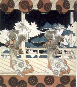 Kaksi tanssijaa esiintyy lavalla, The Dance at Furuichi Hisakataya Group -sarjasta, n. 1822 (muste) tekijältä Yashima Gakutei
