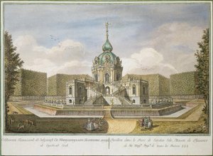 ""Metsästyspaviljonki Tsarskoje Selossa"", kirjoittanut Efim Grigorievich Vinogradov (1725/28-1769), Etsaus, akvarelli tekijältä Yefim Grigoryevich Vinogradov