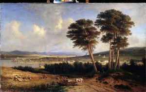 Näkymä Irkutskiin (Siperia, Venäjä). (Näkymä Irkutskiin). Jegor Jegorovich Meierin (1822-1867) maalaus öljy kankaalle tekijältä Yegor Yegorovich Meier