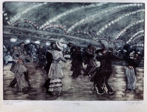 Tango a Luna Park (Tangotanssi Luna Parkissa). Tanssijaparit leveällä lattialla, kattoon valaisemassa valoseppeleitä. Taideteos: Jelisaveta (Elisabeth) Sergeevna Kruglikova (Elizaveta Sergeevna Krouglikova) (1865-1941), kaiverrus (