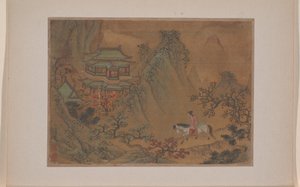 Maisema, jossa on mies hevosen selässä (miniatyyri yhdentoista maalauksen albumista; tussi ja väri silkille). tekijältä Yen Liu