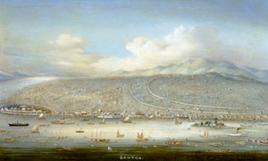 Näkymä Kantonista ja Shamianin saaresta vuonna 1865, noin 1880 (öljy paneelille). tekijältä Yichang Yichang