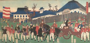 Kuva ulkomaalaisten kulkueesta Yokohamassa, 2. kuukausi, 1861.