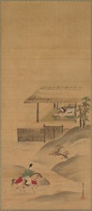 Minamoto no Nakakuni vierailee Lady Kogon luona, Triptyykki riippuvista kääröistä, 1600-luvun loppu (muste ja väri silkillä)